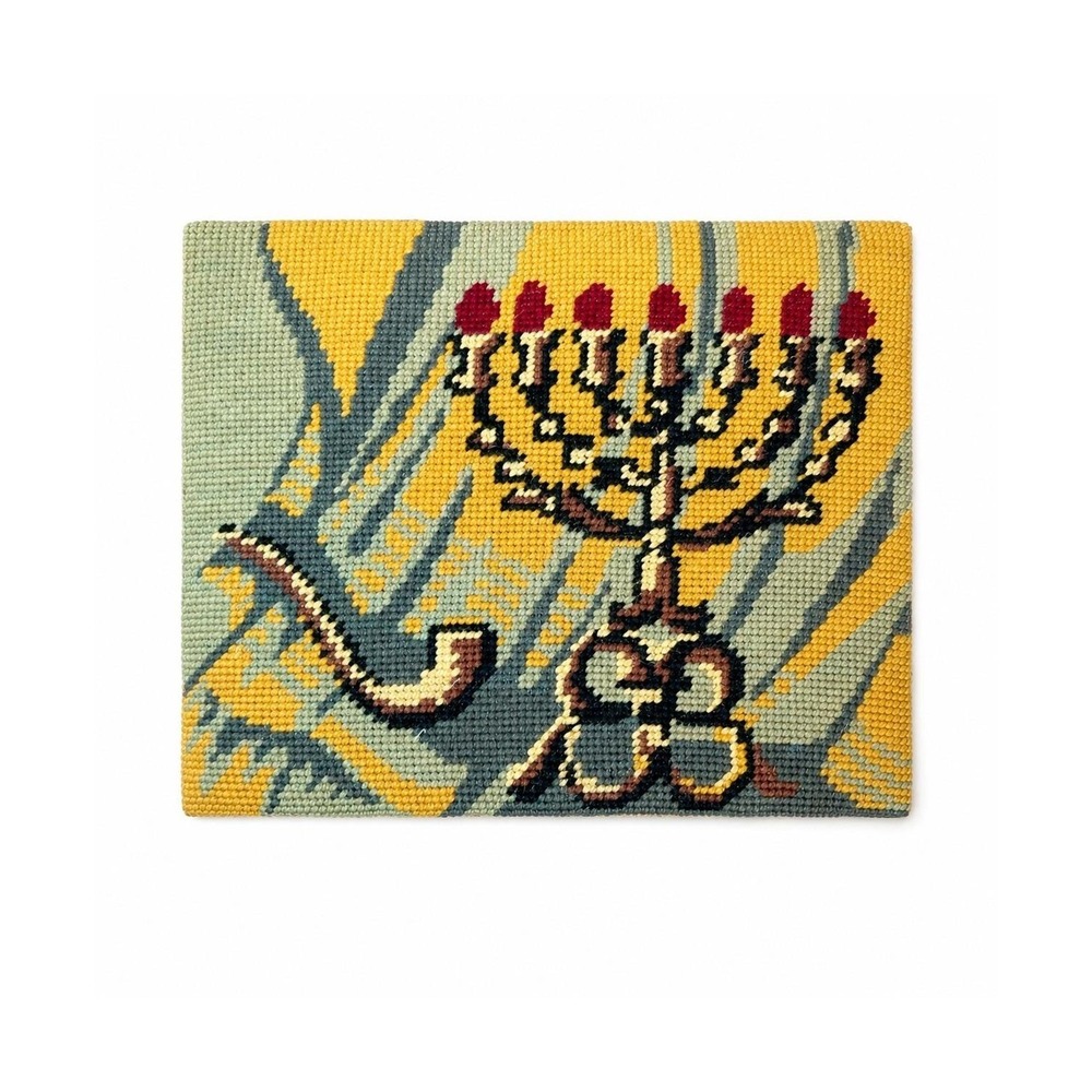 Needlepoint Wall Art Candelabra Smoking Pipe Retro Yellow Green 10 x 8.5